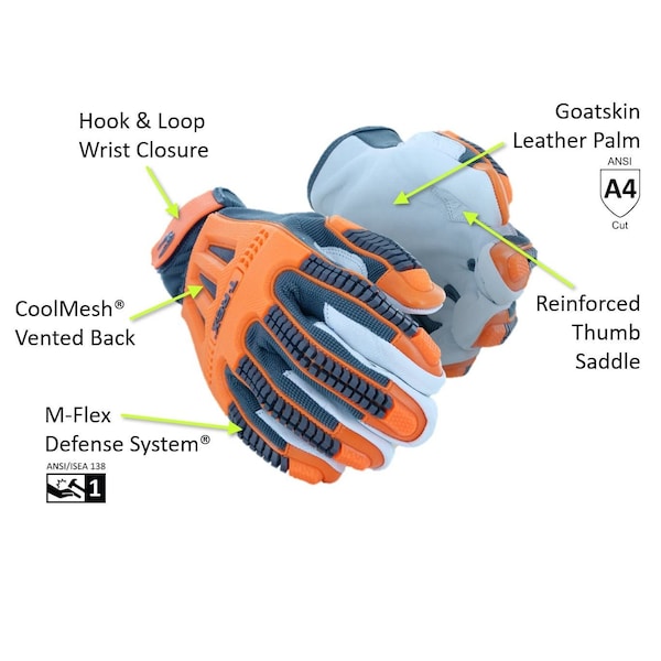 TREX Windstorm Series TRX744 CoolMesh Back Goatskin Leather Palm Impact GloveCut Level A4